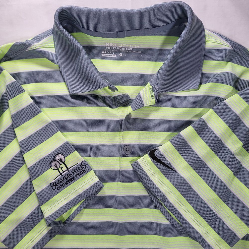 Nike Golf Tour‎ Performance Men's Large Gray Green Yellow Striped Dri-Fit Polo